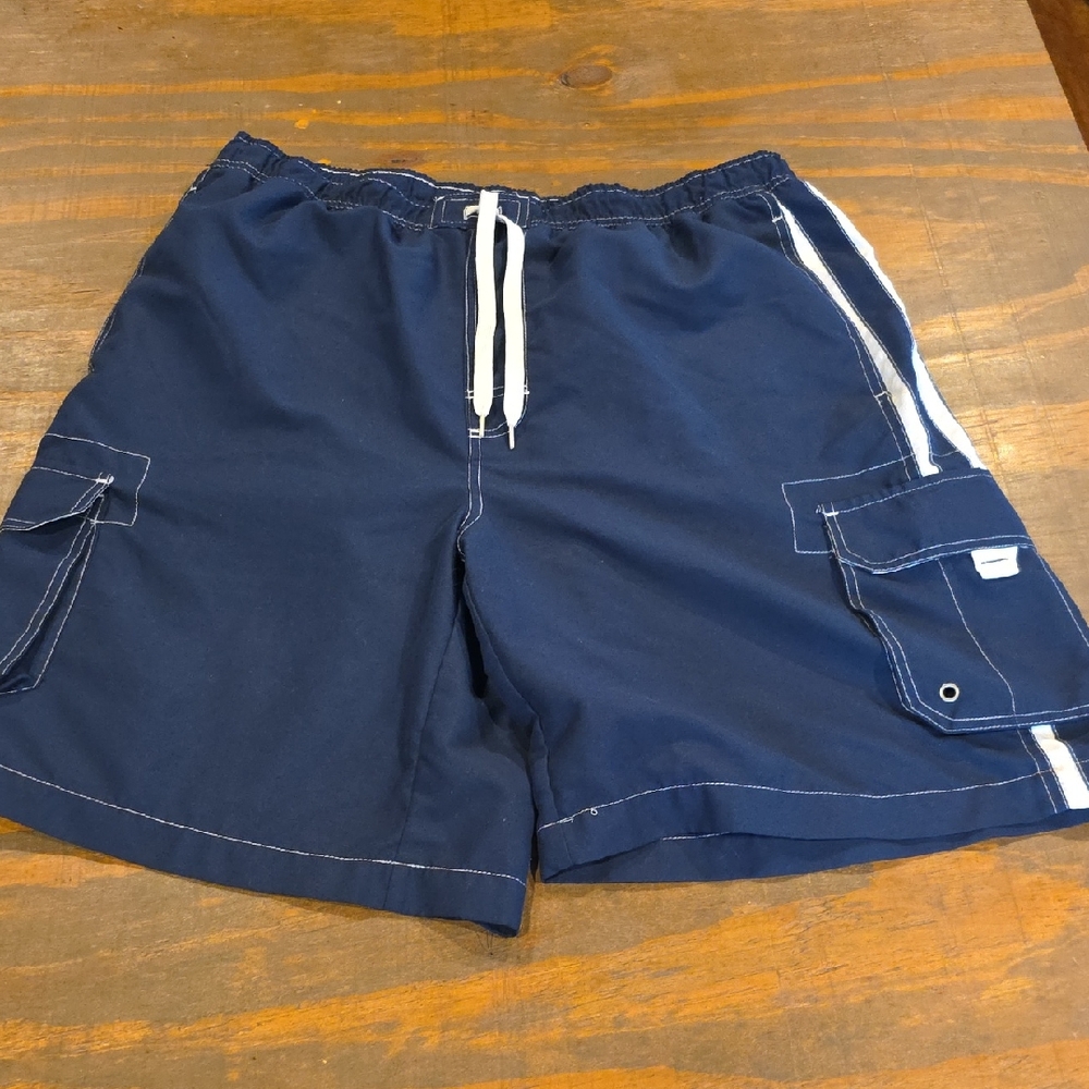 Navy Men's Swim Trunks with White Accents